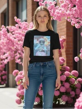 NEW White Cat Pink Scooter Helmet Fire Background Black T-shirt Tee 100% Cotton